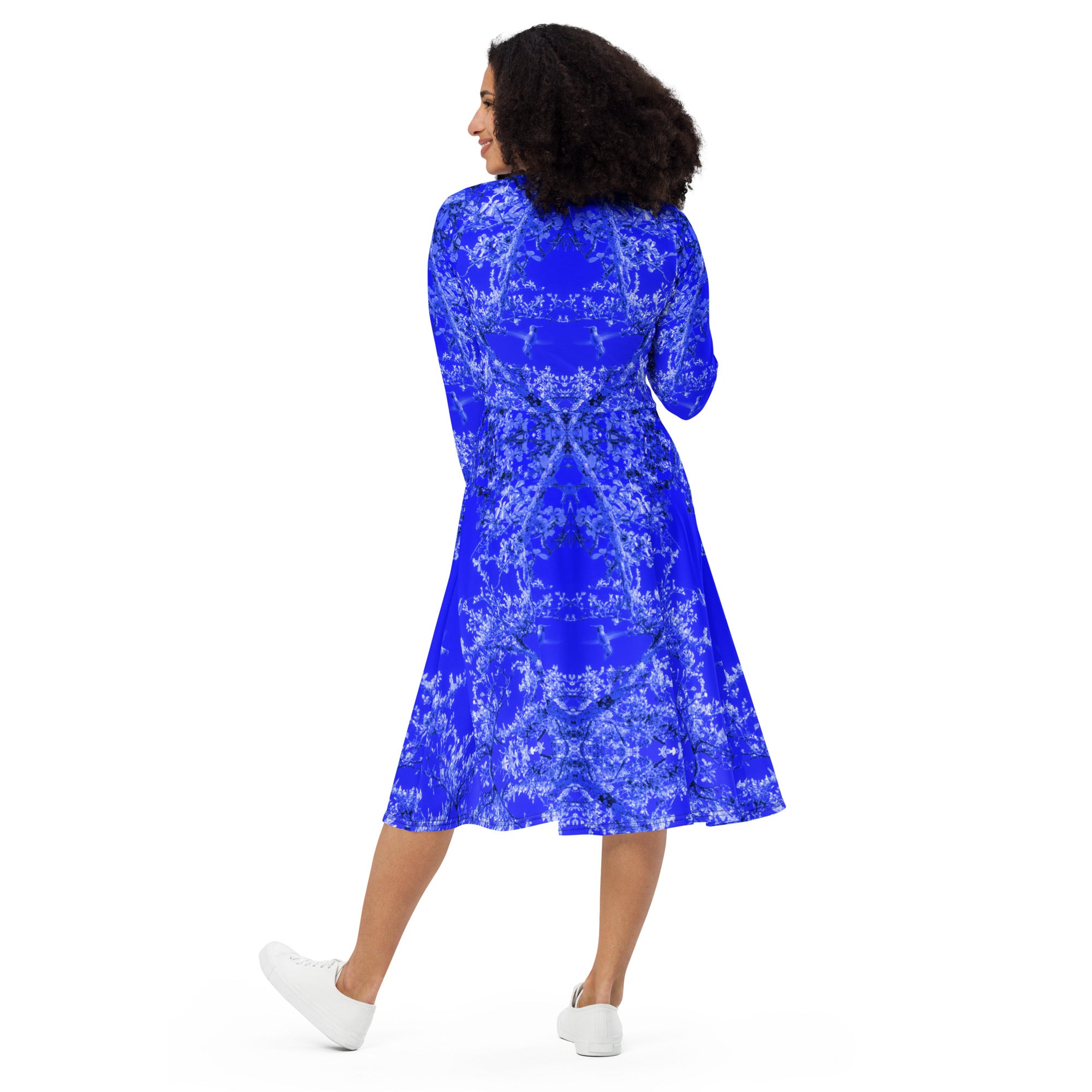 Long-Sleeve Midi Dress with pockets, Hummingbird, Blue