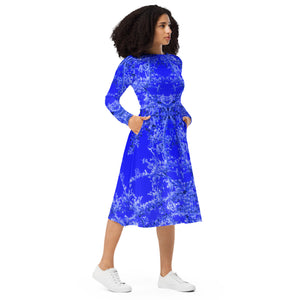 Long-Sleeve Midi Dress with pockets, Hummingbird, Blue