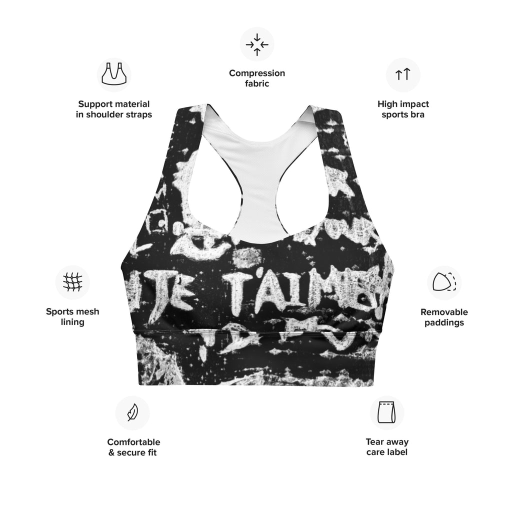 Women's Longline Sports Bra, Paris Birch Tree, Je T'aime