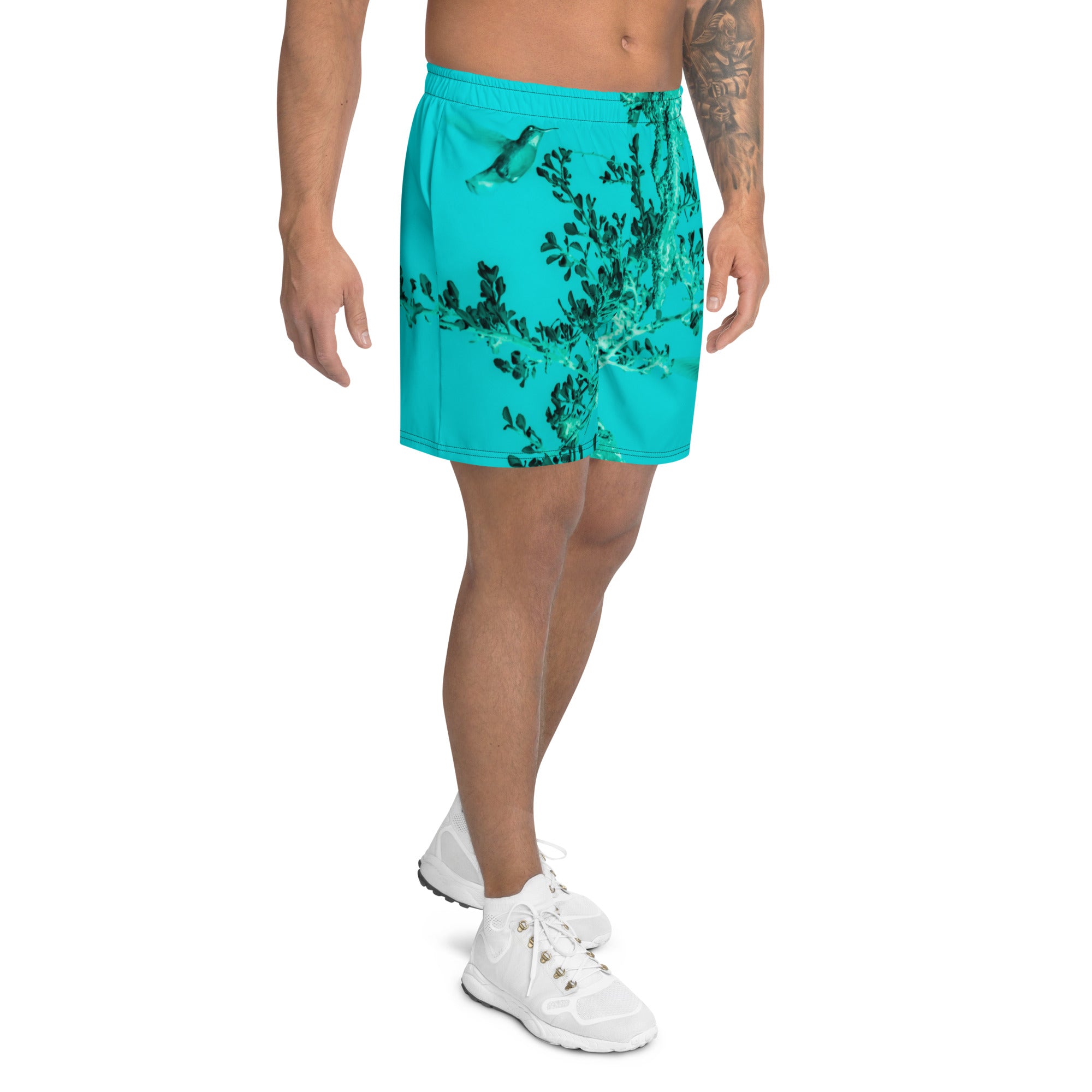 Mens Recycled Long Shorts with Mesh Side Pockets, No Liner, Hummingbird, Turquoise