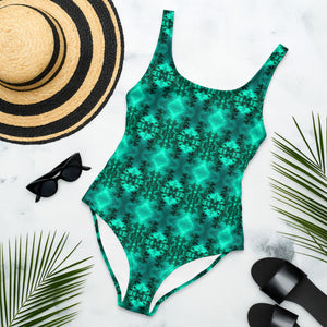 Women's One-Piece Swimsuit, Cannabis Collection 2, Green