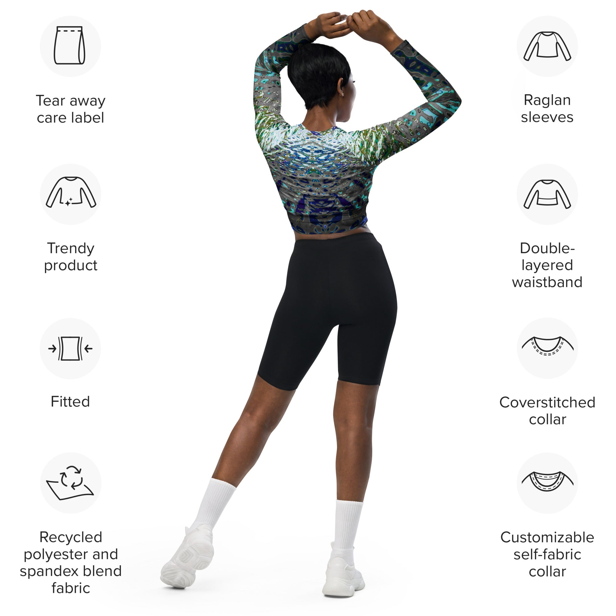 Recycled Athletic Long-Sleeve Crop Top, UPF 50+, Liquid Jewel