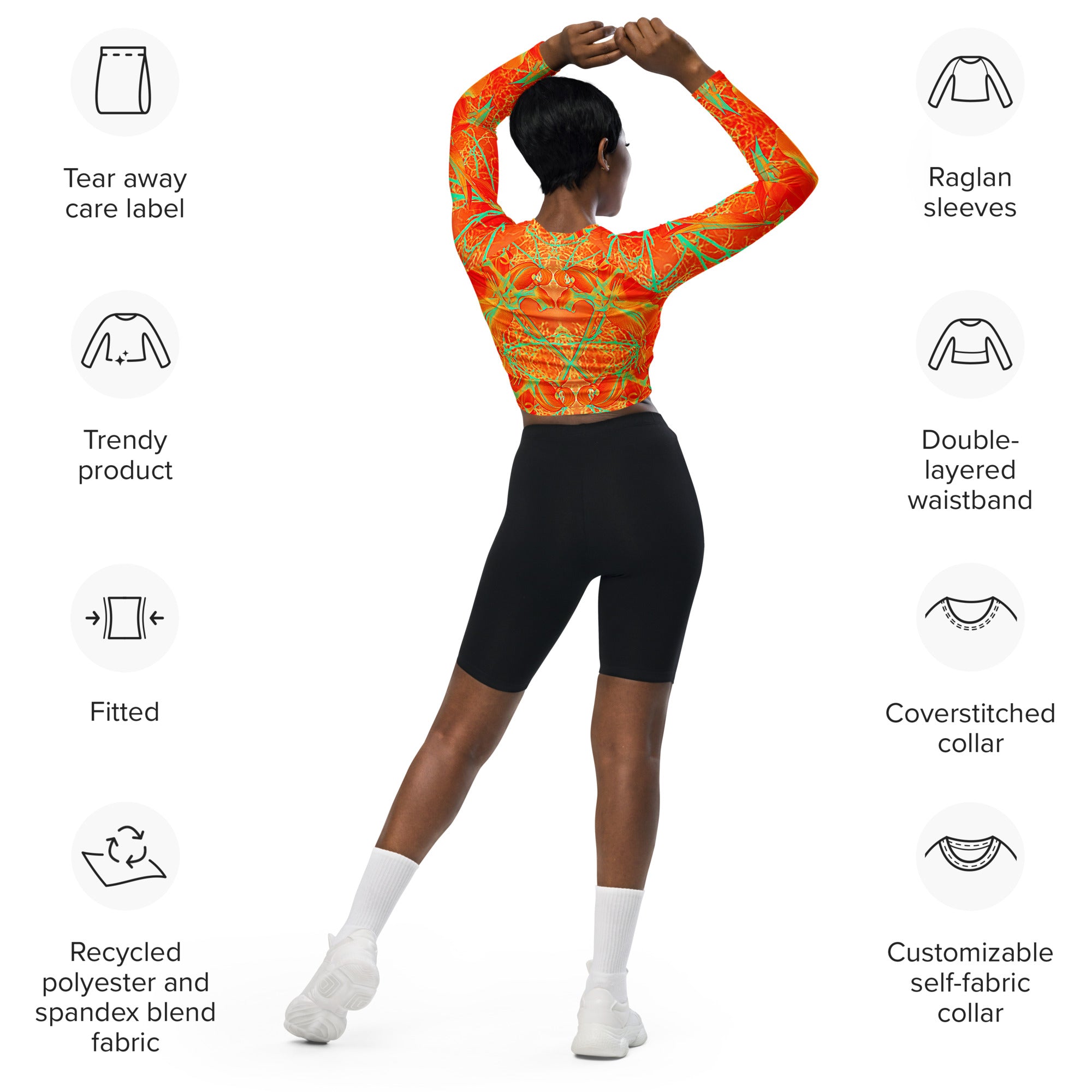 Recycled Athletic Long-Sleeve Crop Top, UPF 50+, Electric Lily