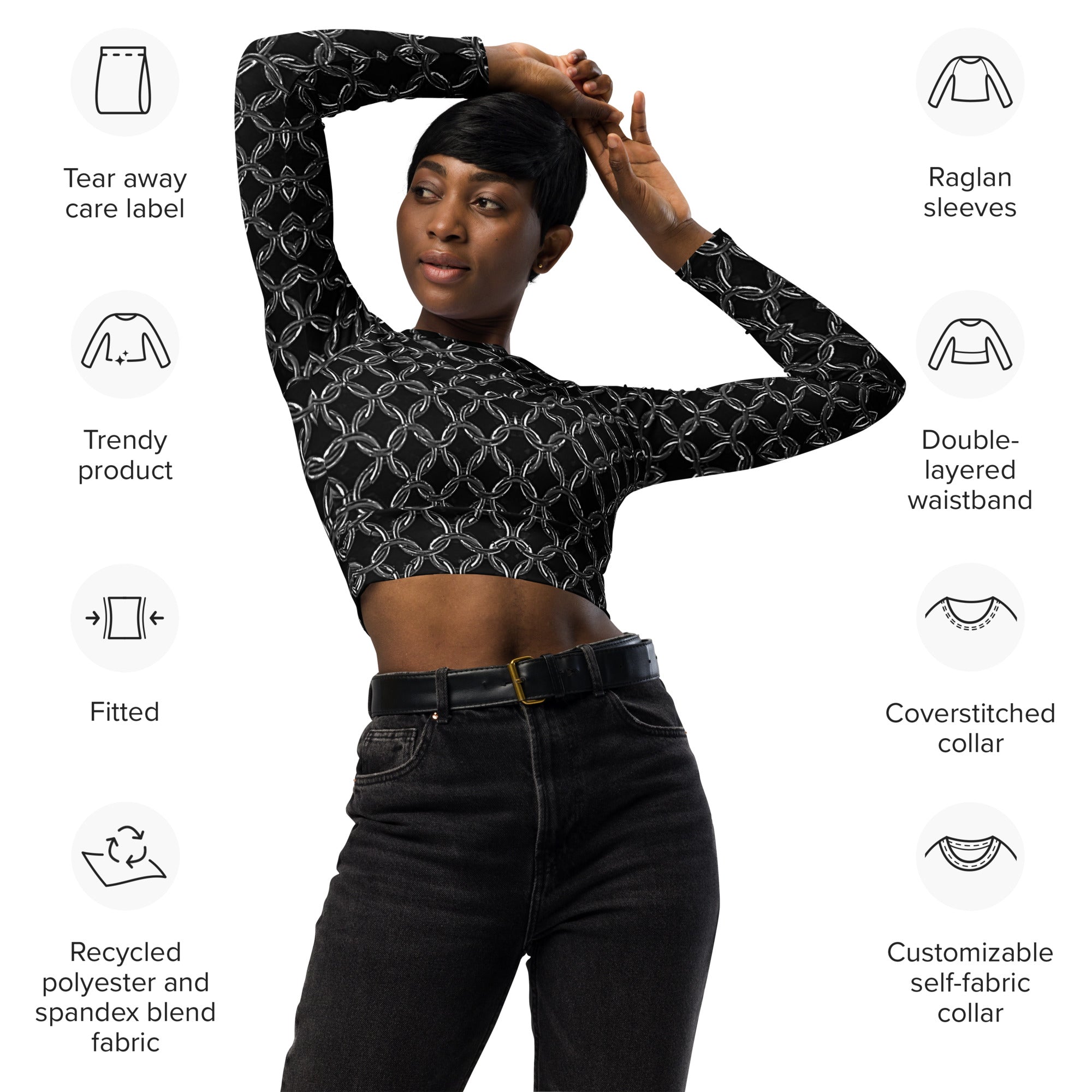 Recycled Athletic Long-Sleeve Crop Top, UPF 50+, Chainmaille