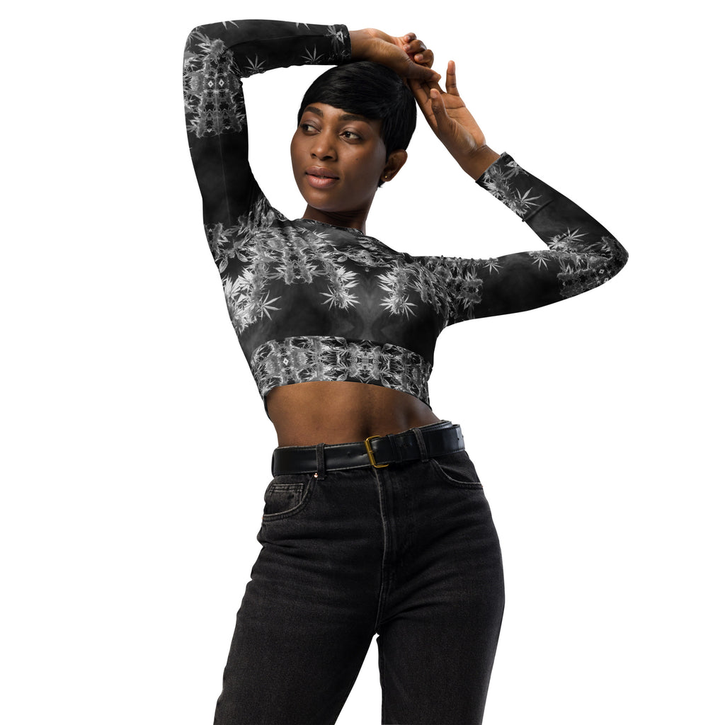 Recycled Athletic Long-Sleeve Crop Top, UPF 50+, Cannabis, Midnight