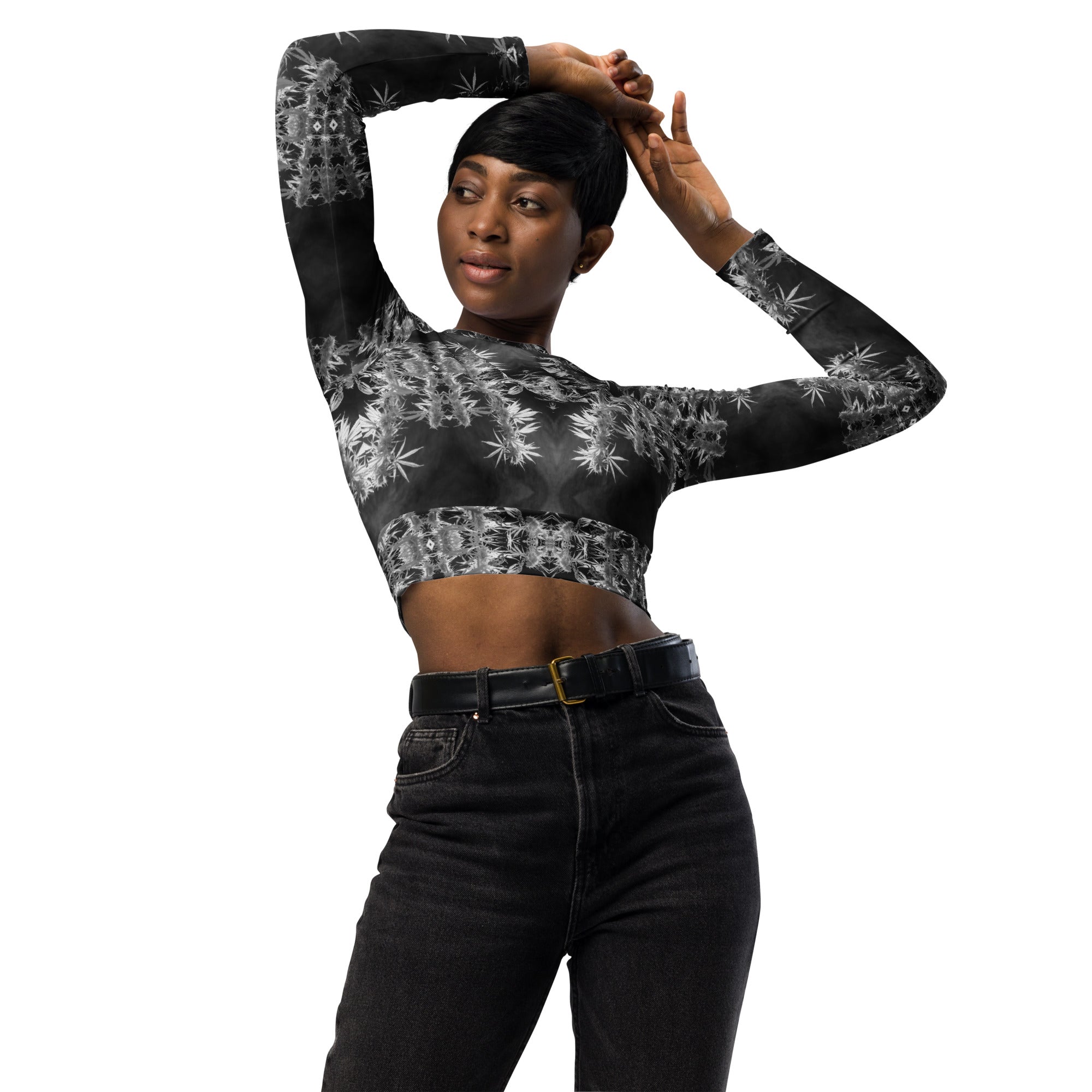 Recycled Athletic Long-Sleeve Crop Top, UPF 50+, Cannabis, Midnight