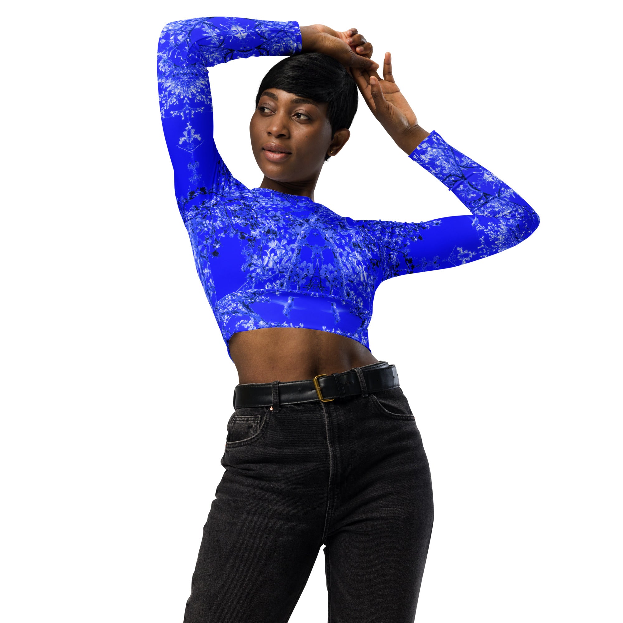 Recycled Athletic Long-Sleeve Crop Top, UPF 50+ Hummingbird, Blue