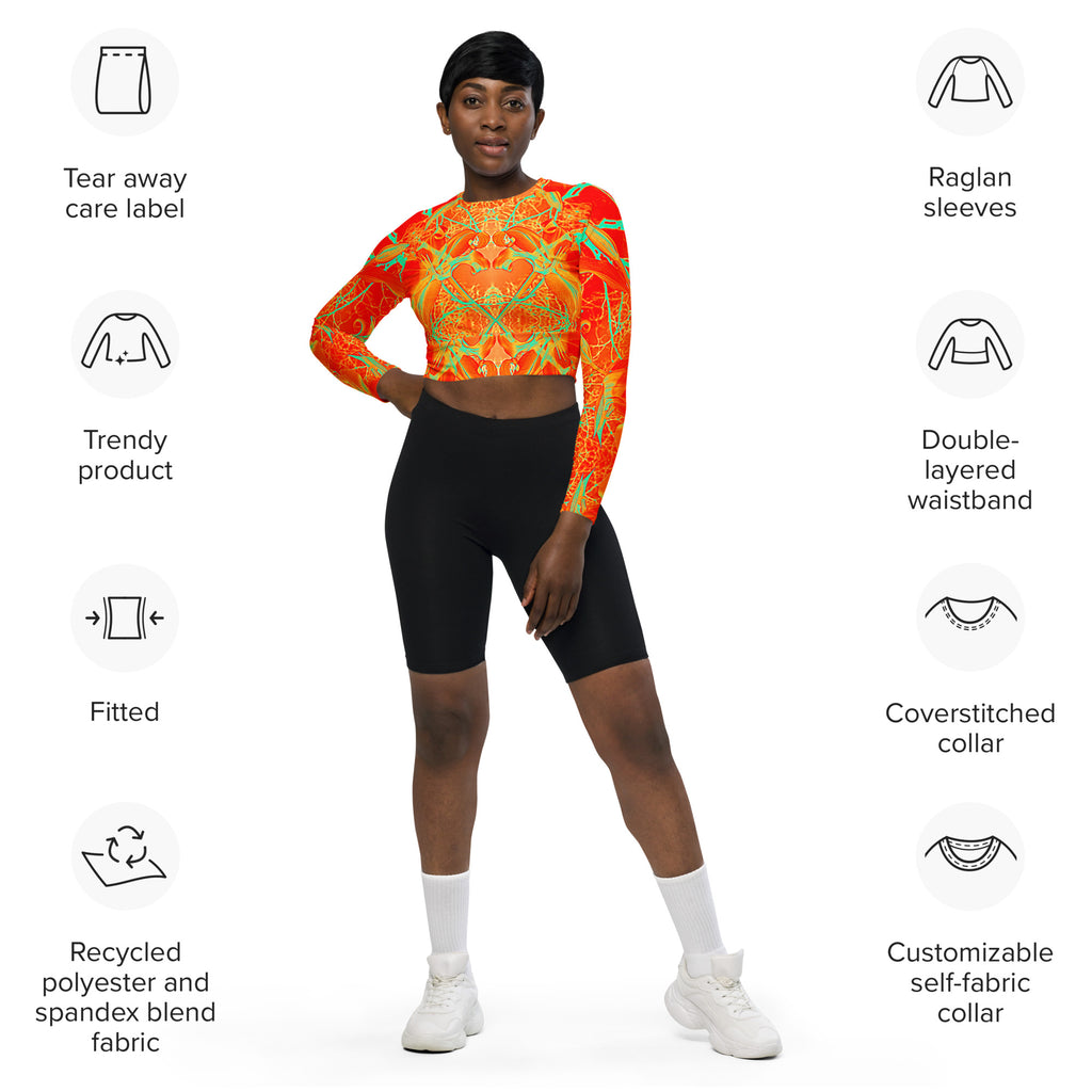 Recycled Athletic Long-Sleeve Crop Top, UPF 50+, Electric Lily