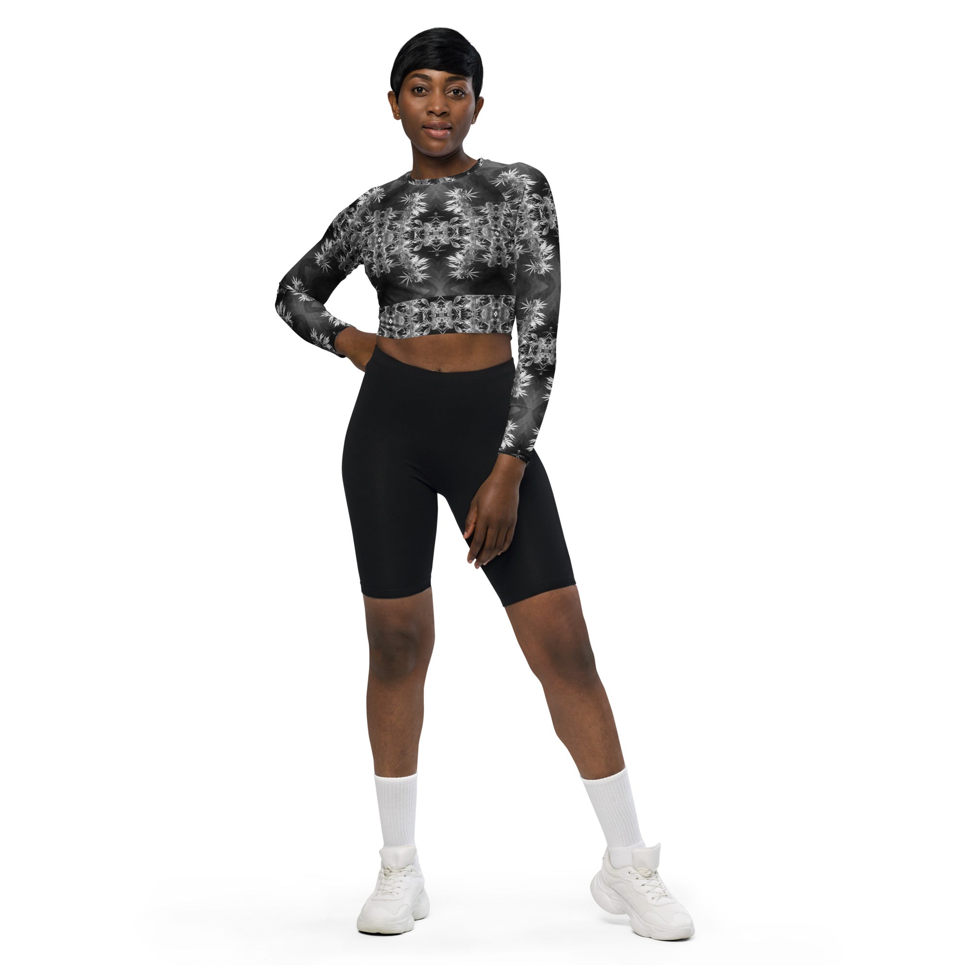 Recycled Athletic Long-Sleeve Crop Top, UPF 50+, Cannabis, Midnight