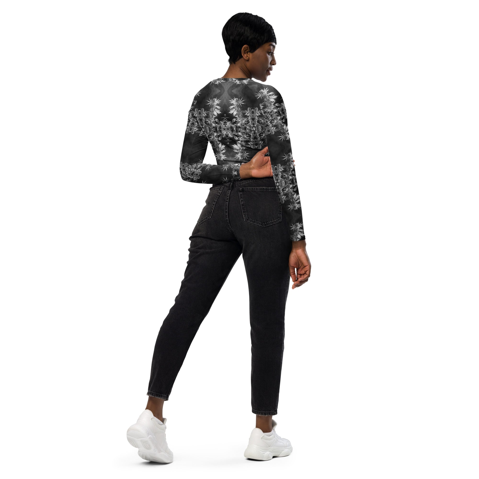 Recycled Athletic Long-Sleeve Crop Top, UPF 50+, Cannabis, Midnight