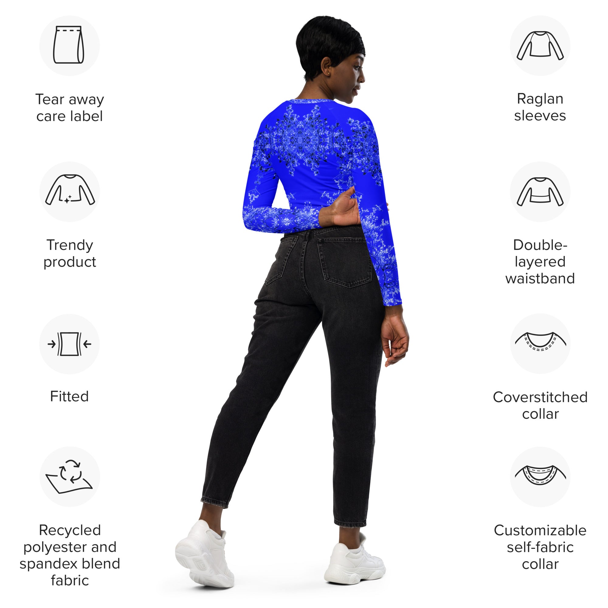 Recycled Athletic Long-Sleeve Crop Top, UPF 50+ Hummingbird, Blue