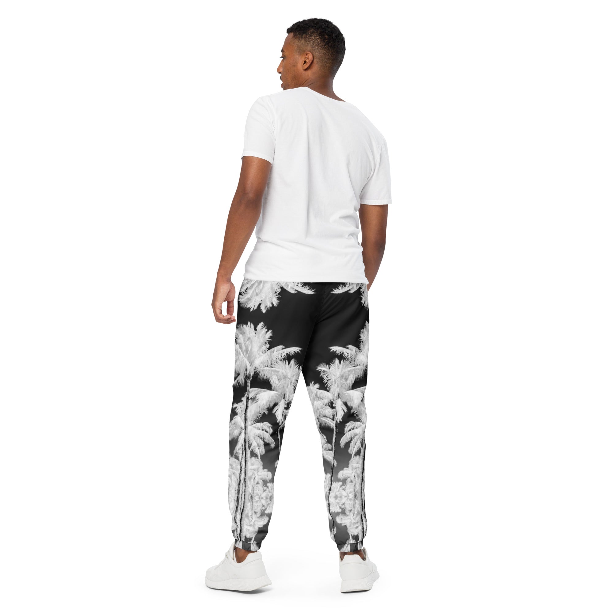 Track Pants, Wicking Liner, Zip Side Pockets, Palm Tree, Black and White