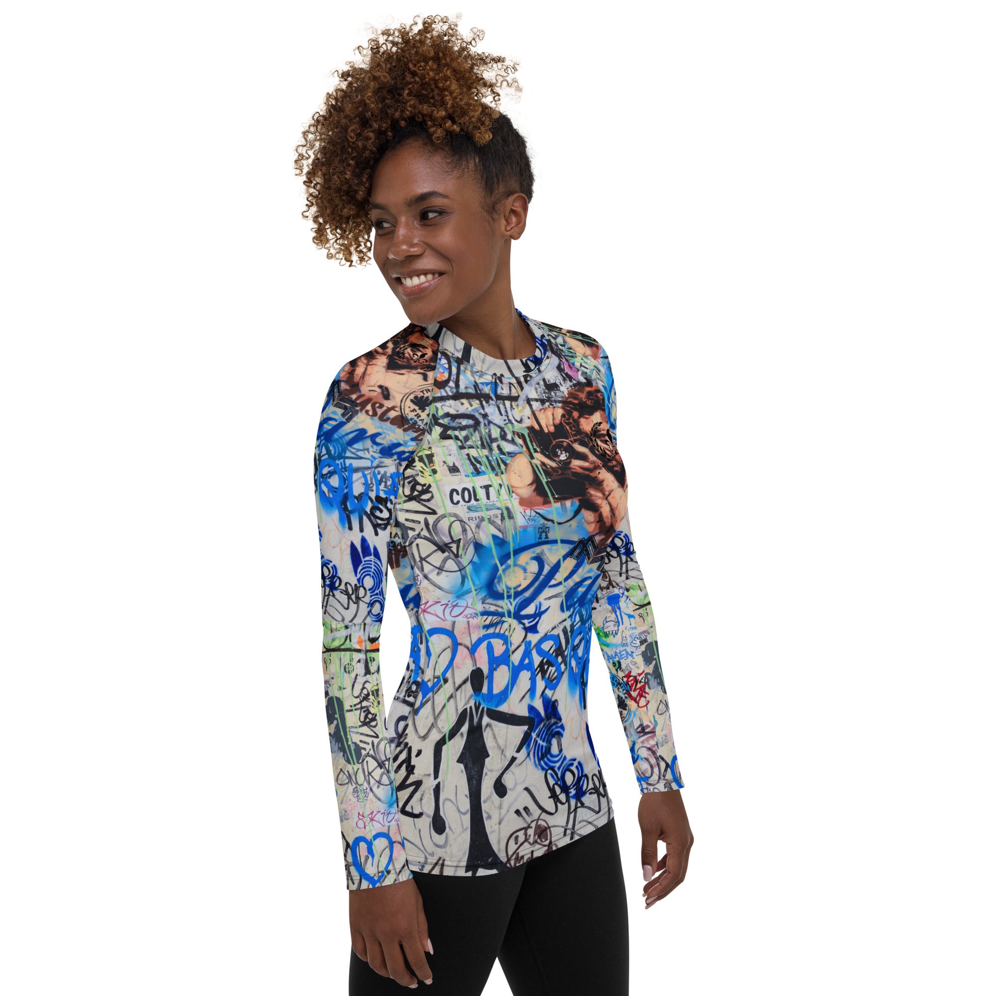 Women's Slim-Fit Rash Guard UPF 50+, Paris Graffiti