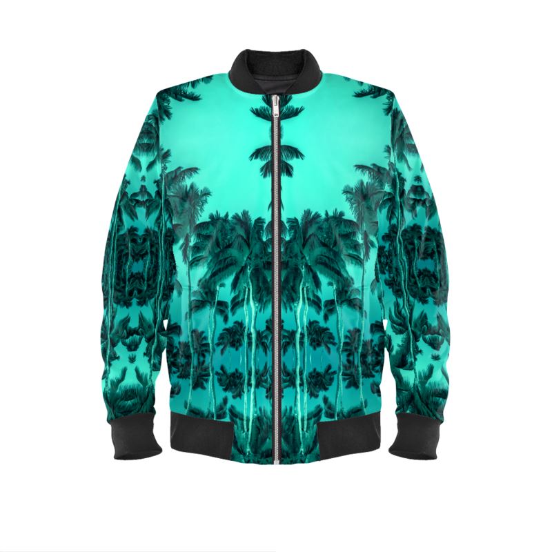 Luxury Bomber Jacket, (select: Velvet, Satin, or Waterproof) Palm Tree, Green