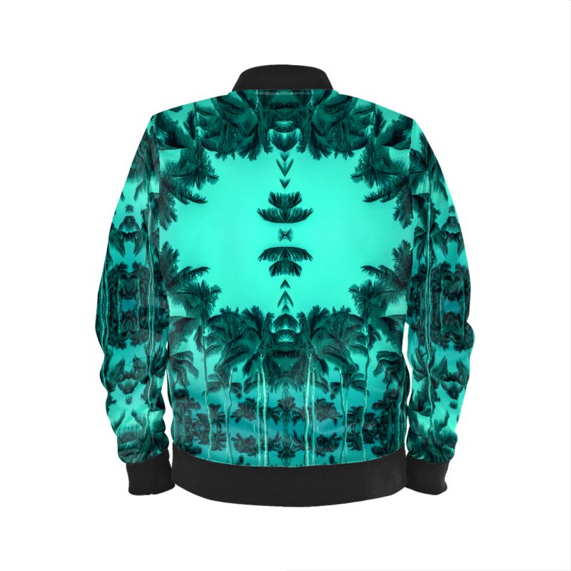 Luxury Bomber Jacket, (select: Velvet, Satin, or Waterproof) Palm Tree, Green