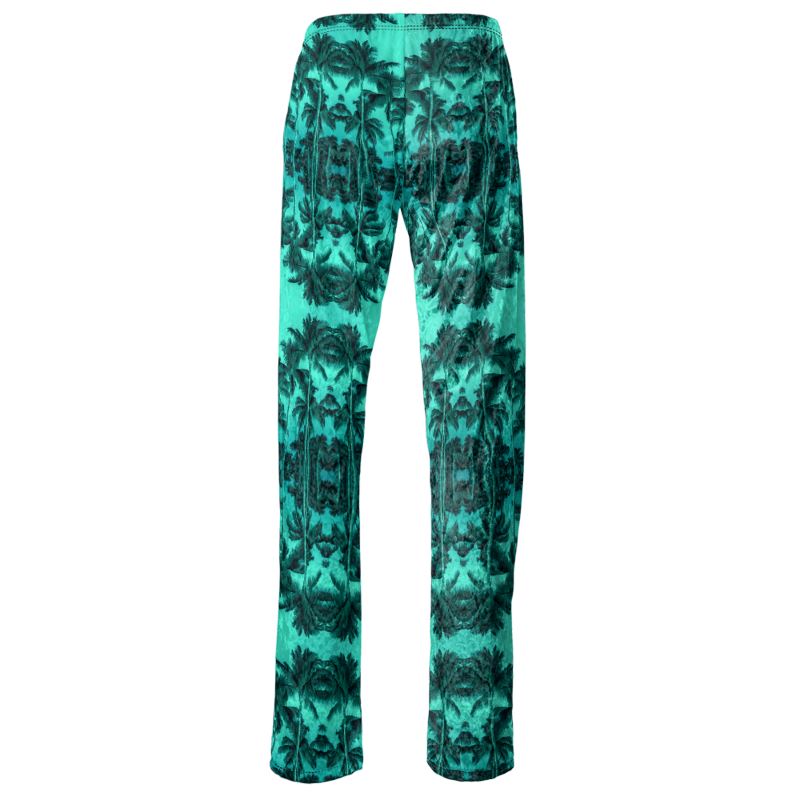 Womens Crushed Velvet Drawstring Trousers with Pockets, Palm Tree, Green