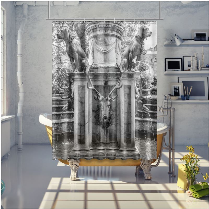 Shower Curtain, 59" x 79" Fountainbleau Fountain, Black and White