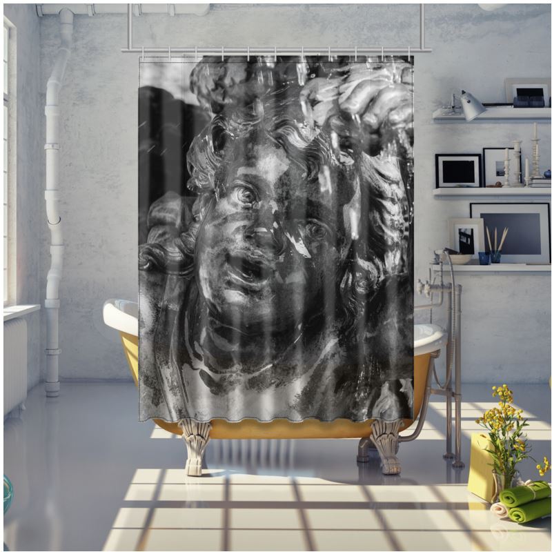 Shower Curtain, 75" x 79" , Fountain Angel, Versailles, Black and White