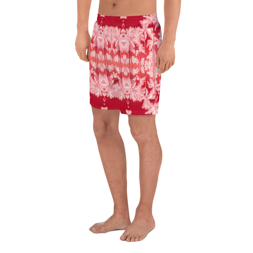 Men's Recycled Long Shorts with Mesh Side Pockets, No Liner, Palm Tree, Infrared