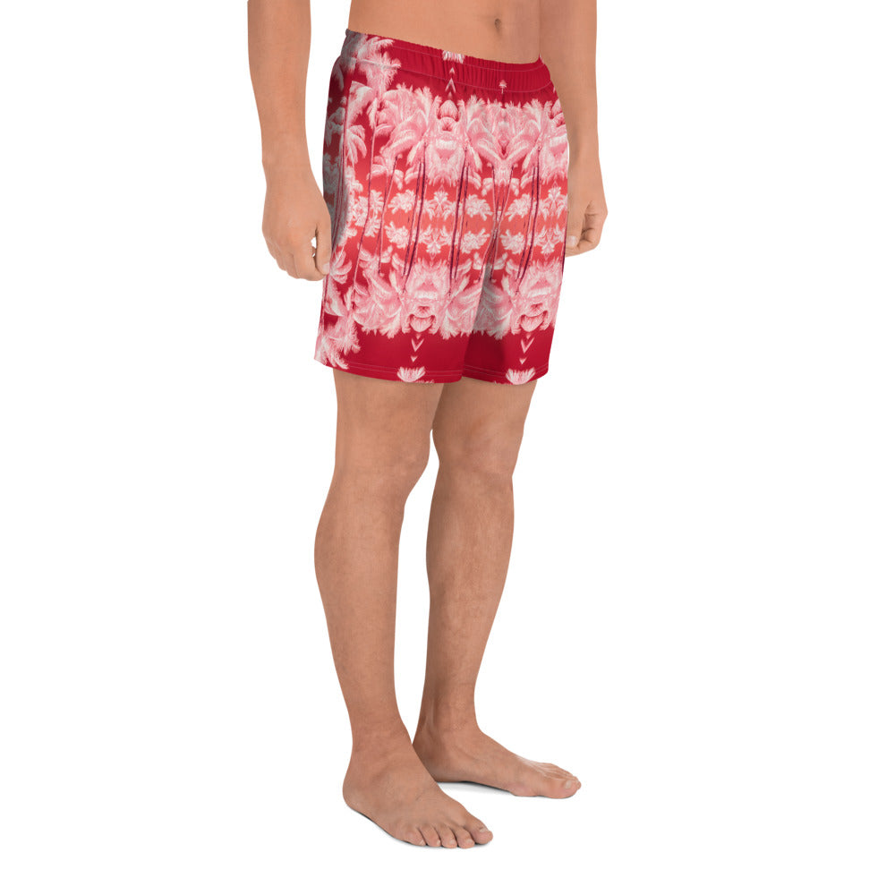 Men's Recycled Long Shorts with Mesh Side Pockets, No Liner, Palm Tree, Infrared