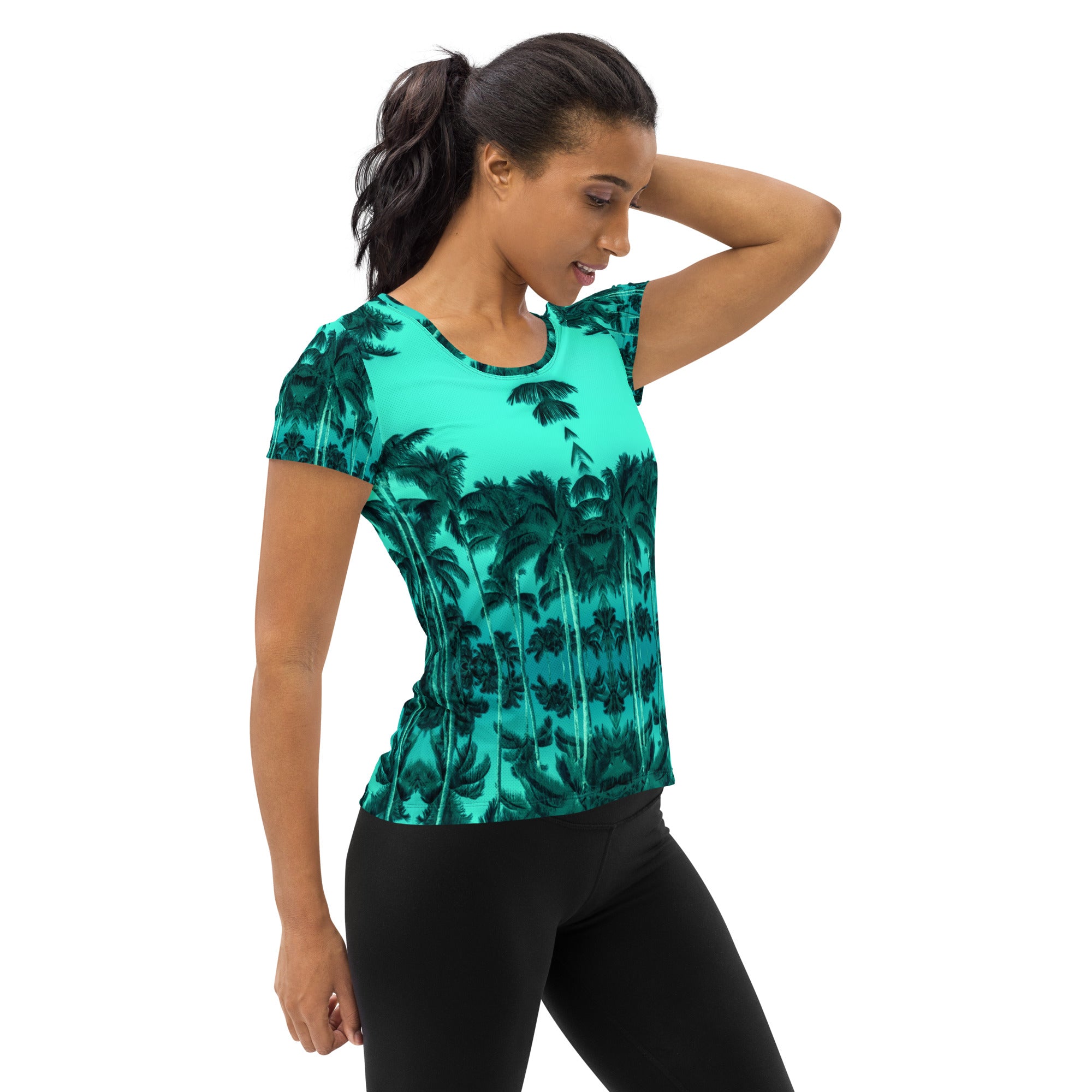 Women's Premium Athletic Crew Neck T-Shirt, Palm Tree, Green