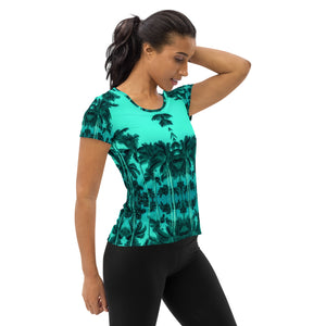 Women's Premium Athletic Crew Neck T-Shirt, Palm Tree, Green