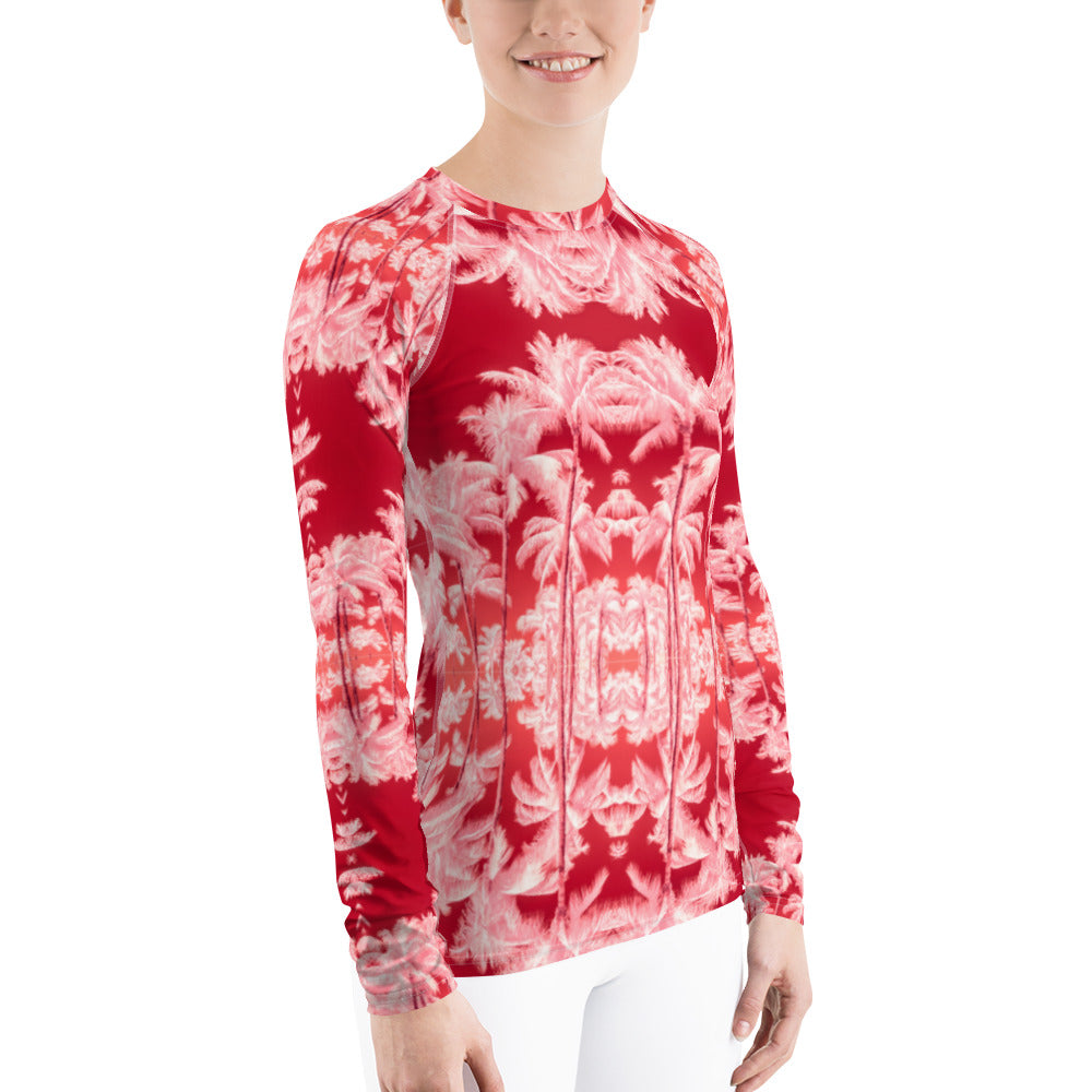 Women's Slim-Fit Rash Guard UPF 50+, Palm Tree, Infrared