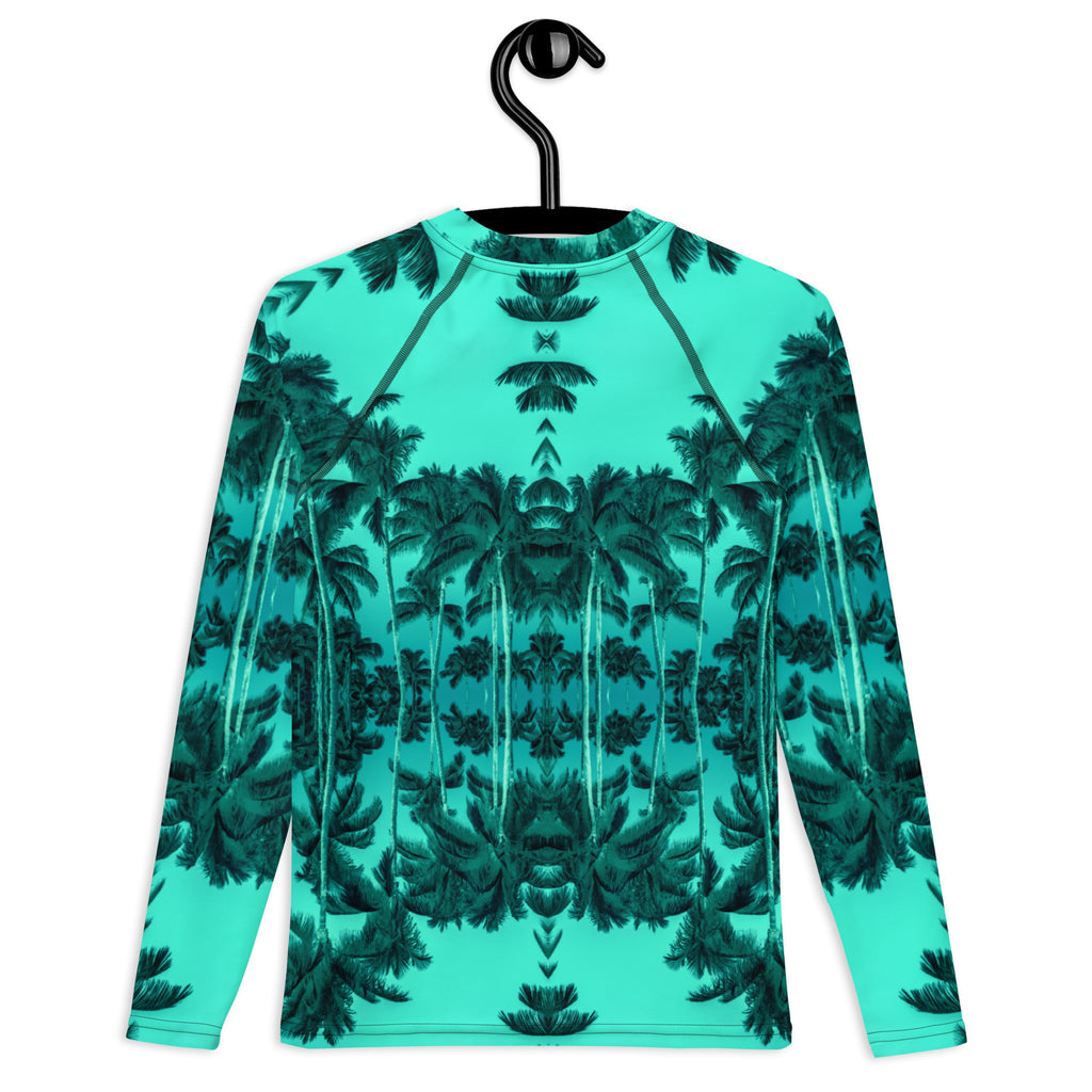 Youth Slim-Fit Rash Guard UPF 50+, Palm Tree, Green