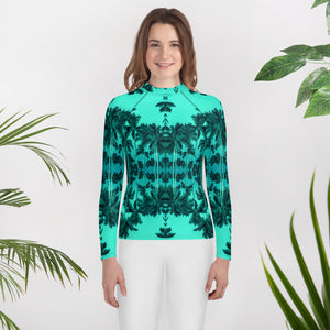 Youth Slim-Fit Rash Guard UPF 50+, Palm Tree, Green