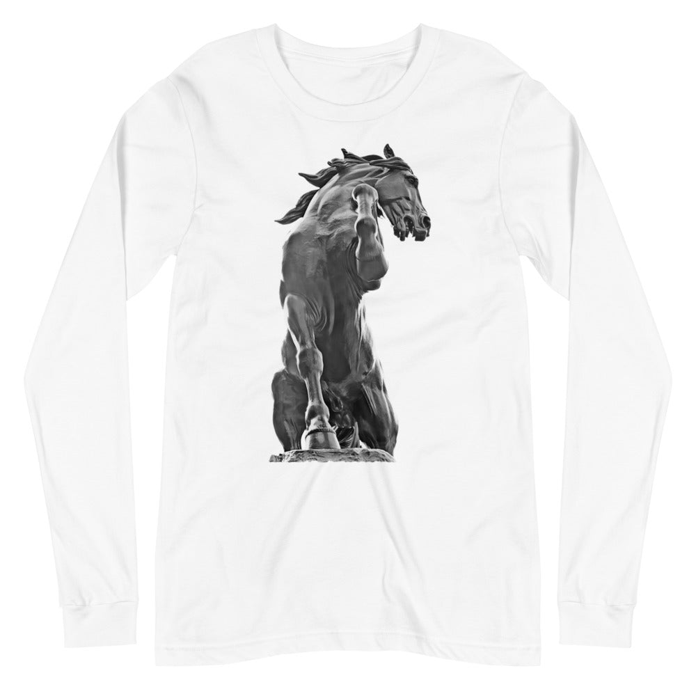 Long-Sleeve Cotton T-Shirt, Black Horse, White