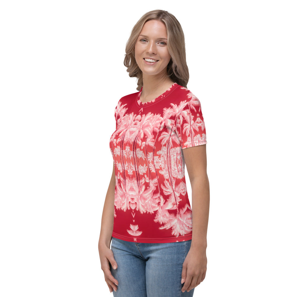 Women's Regular Fit, Four-Way Stretch Crew Neck T-Shirt, Palm Tree, Infrared