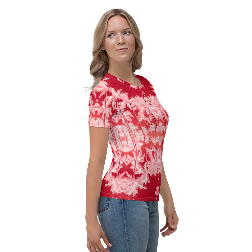 Women's Regular Fit, Four-Way Stretch Crew Neck T-Shirt, Palm Tree, Infrared