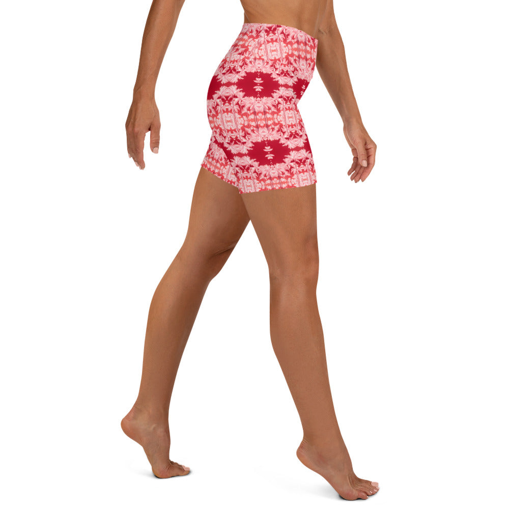 Women's High-Rise Yoga Shorts, Palm Tree, Infrared