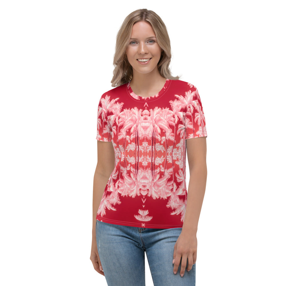 Women's Regular Fit, Four-Way Stretch Crew Neck T-Shirt, Palm Tree, Infrared