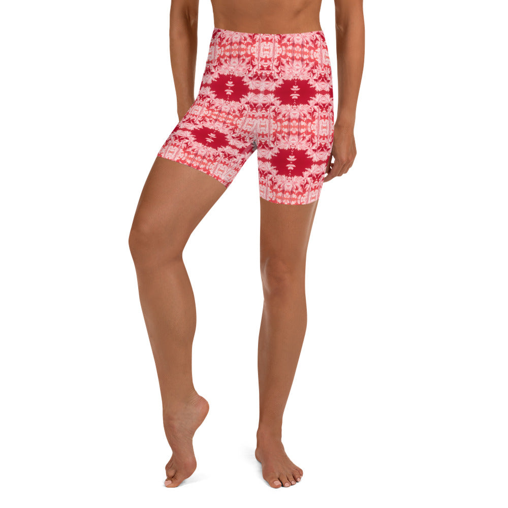 Women's High-Rise Yoga Shorts, Palm Tree, Infrared