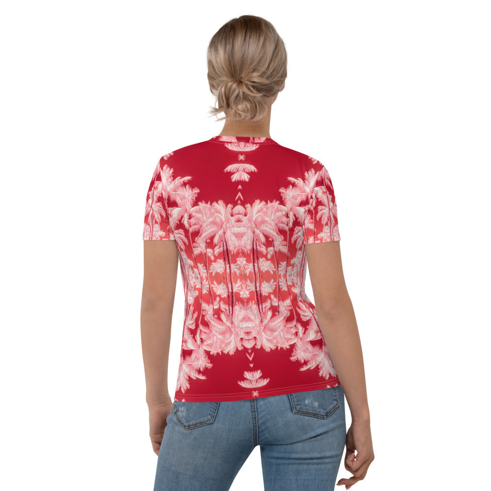 Women's Regular Fit, Four-Way Stretch Crew Neck T-Shirt, Palm Tree, Infrared