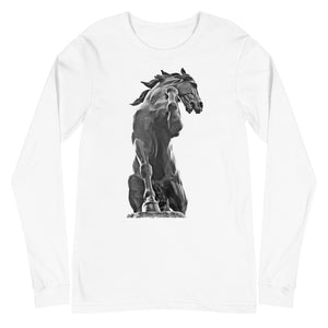 Long-Sleeve Cotton T-Shirt, Black Horse, White