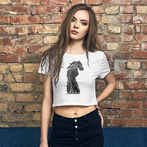 Women’s Crop White Tee, Black Horse